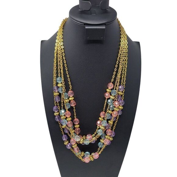 Necklace Opera 28" Gold Tone Chain Pastel Beaded Pink Blue Purple 3pc Set - Picture 2 of 13